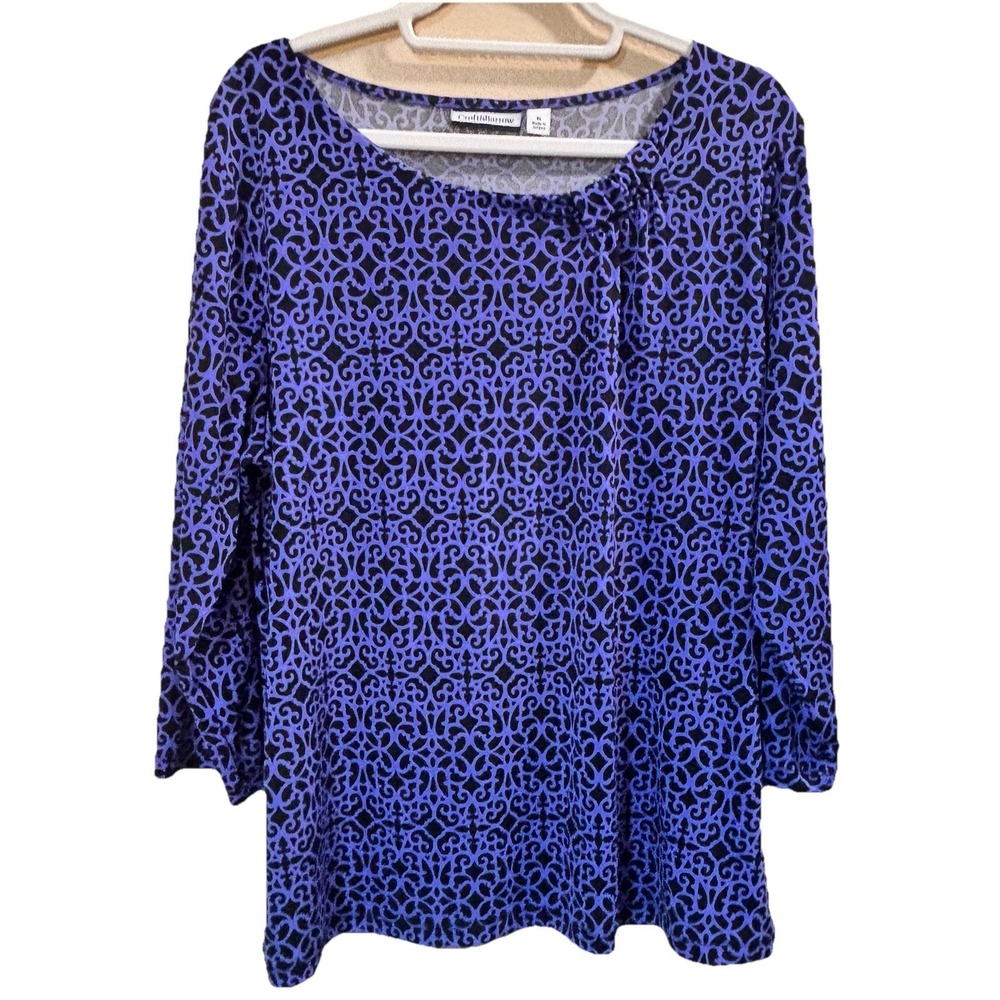 Croft Barrow Blue Black Scroll Round Neck, Blouse Shirt, Top 3/4 Sleeve Size‎ XL